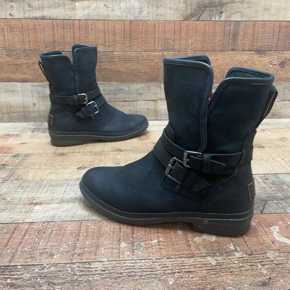 UGG 1008439 Boots Womens Size 6.5 37.5 Black Leather Biker Mid Calf Zip Buckle